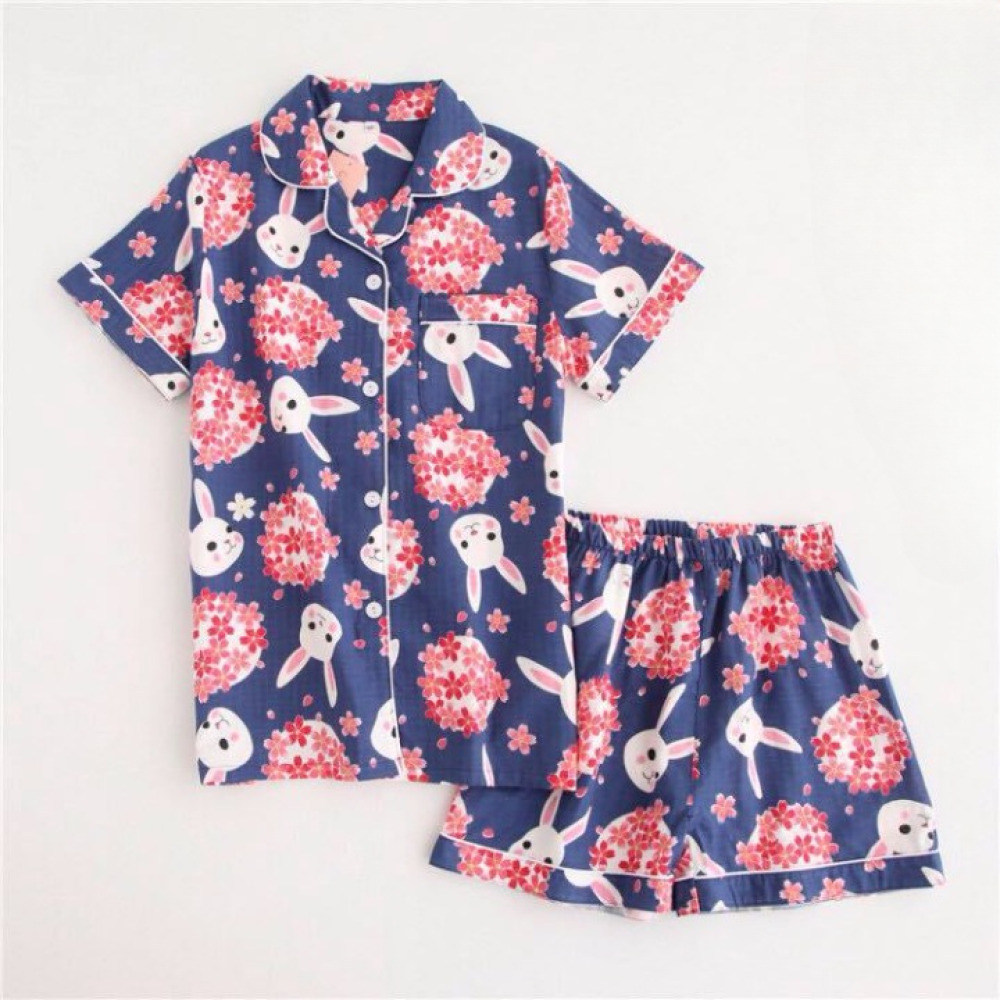Sommerpyjama mit kurzen Ärmeln mit Hasen- und Blumendruck für Frauen, sehr hohe Qualität