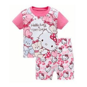 Modischer zweiteiliger Pyjama mit kurzen Ärmeln und Hello Kitty-Muster in Rosa