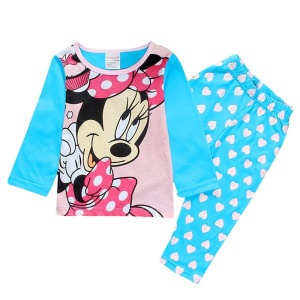 Zweiteiliger langärmeliger Pyjama mit blauem Minnie-Muster und einer blauen Hose mit modischem Herzmuster