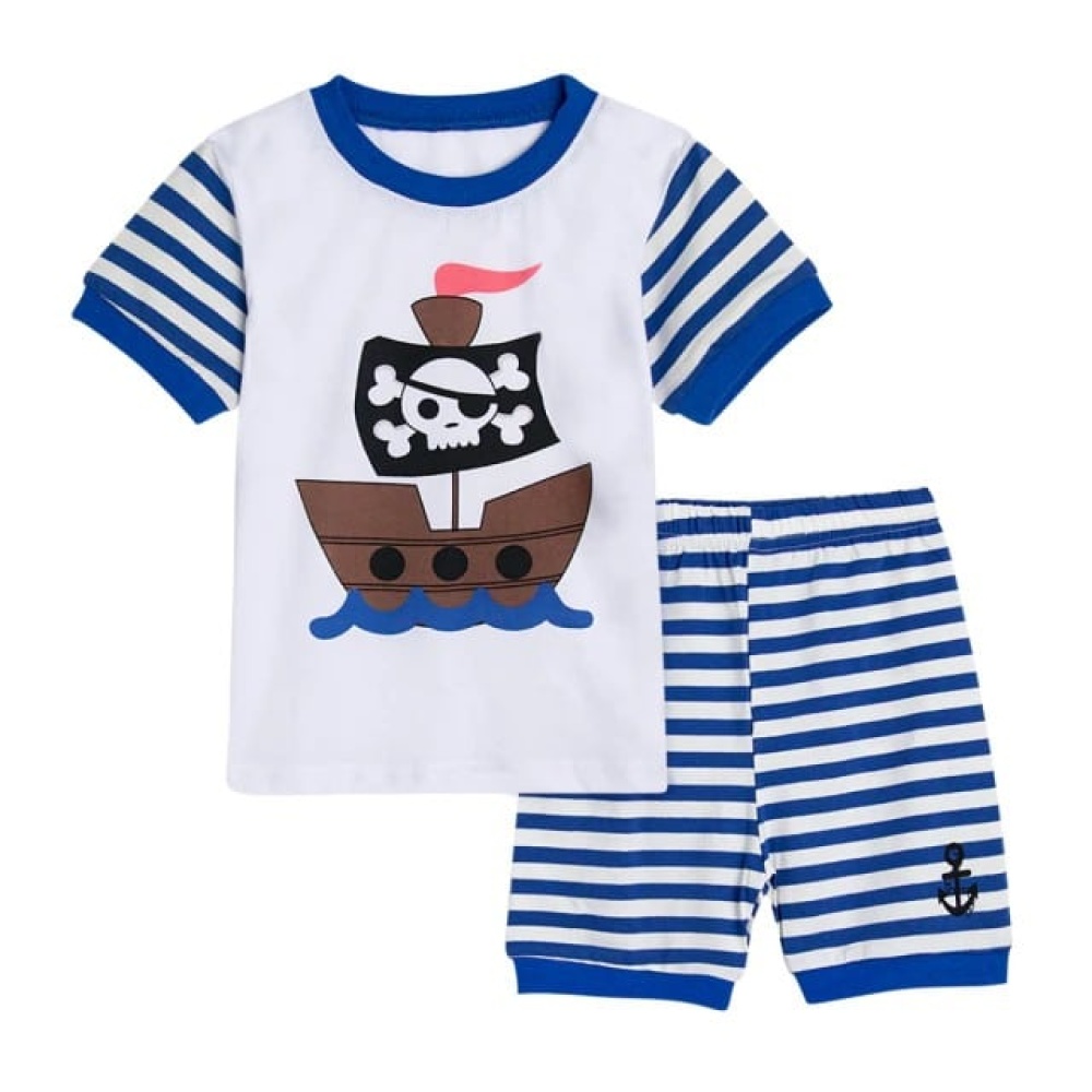 Blau-weißer T-Shirt- und Shorts-Pyjama mit Piratenschiff-Motiv für Jungen