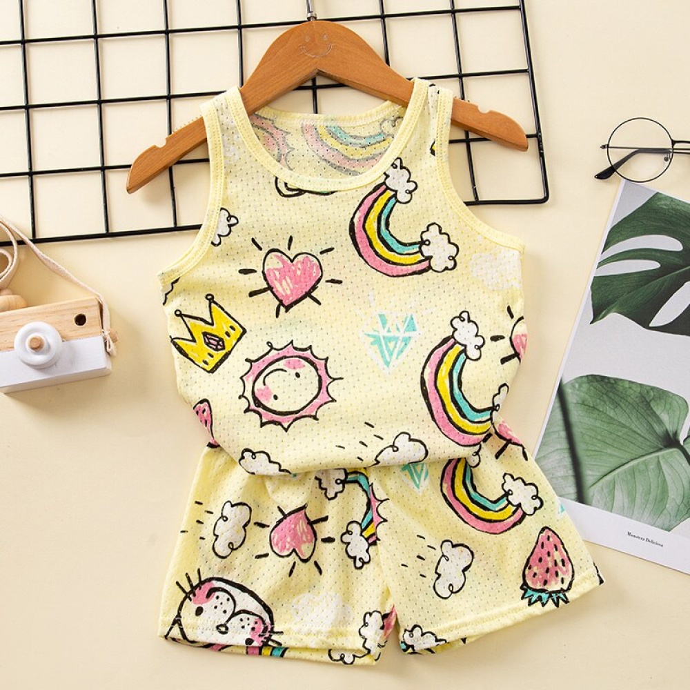 Sommer-Pyjama-Set aus Baumwolle mit Regenbogenmotiv für Kinder auf einem modischen Gürtel