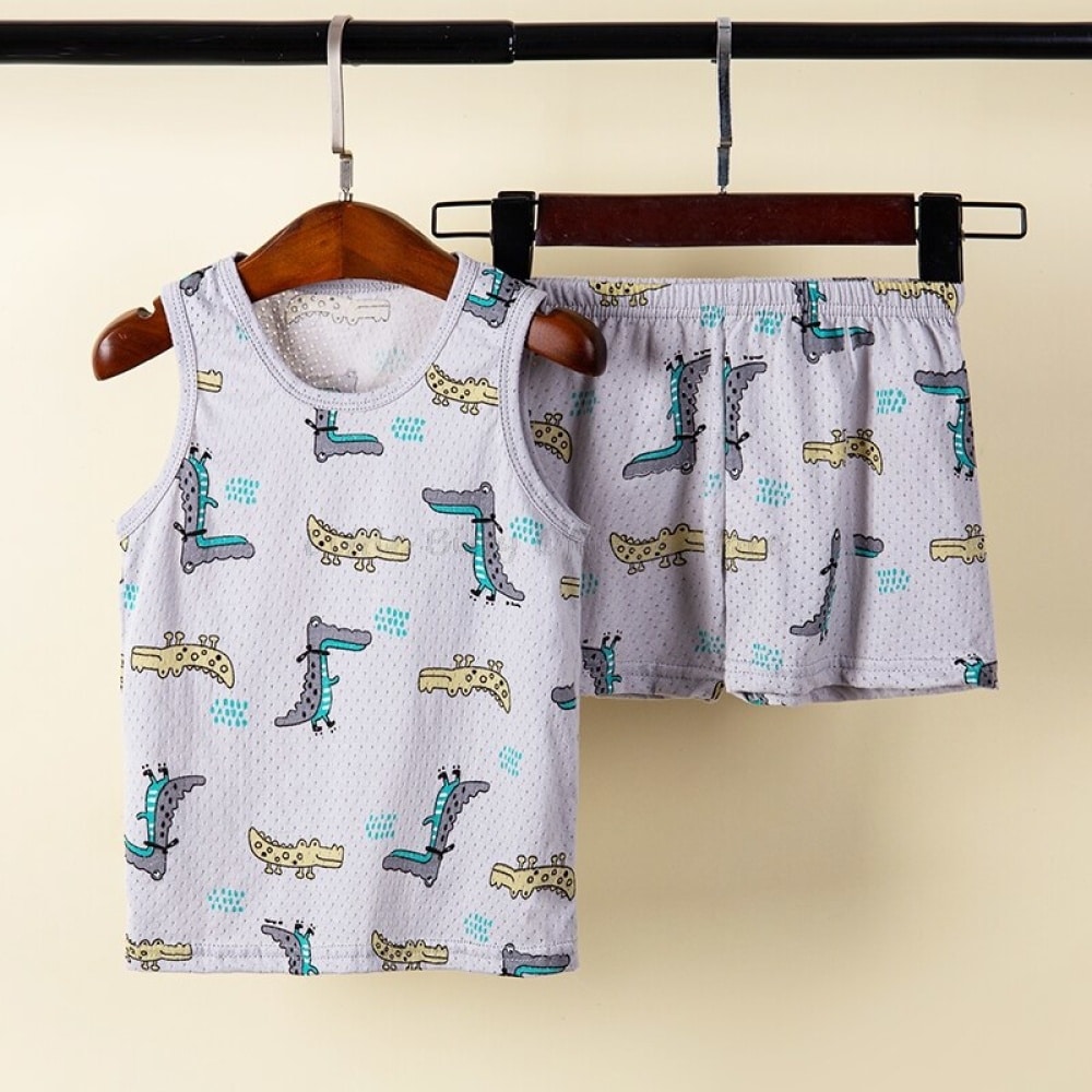 Sommer-Pyjama-Set aus Baumwolle mit Krokodilmuster für Kinder, blau, mit einem Gürtel