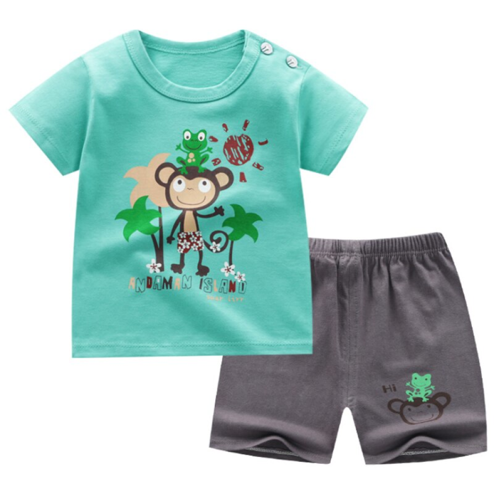 Modischer Sommerpyjama, T-Shirt und Shorts mit Affenmotiv für Kinder in grün und grau