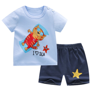 Sommerpyjama mit blauem T-Shirt und blauen Shorts mit Katzenmotiv für modische Kinder