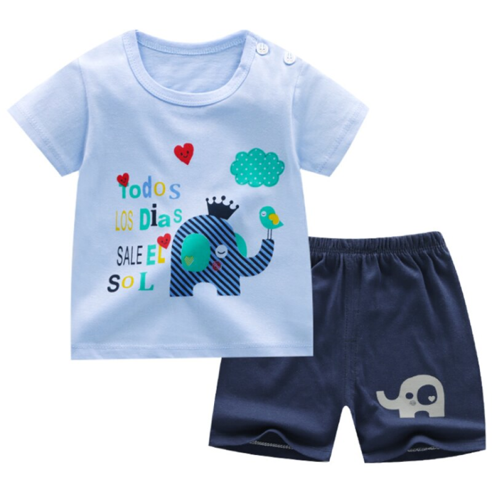 Modischer Sommerpyjama aus Baumwolle mit blauem Elefantenmuster