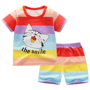 Modischer Sommerpyjama für Kinder aus Baumwolle, gestreift mit Regenbogen und Katzenmotiv