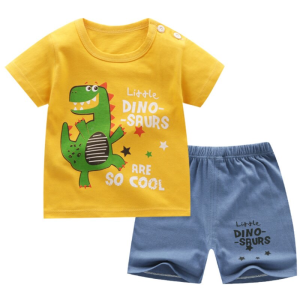Sommerpyjama mit Dinosaurier-Motiv für Kinder in modischem Gelb mit blauen Shorts