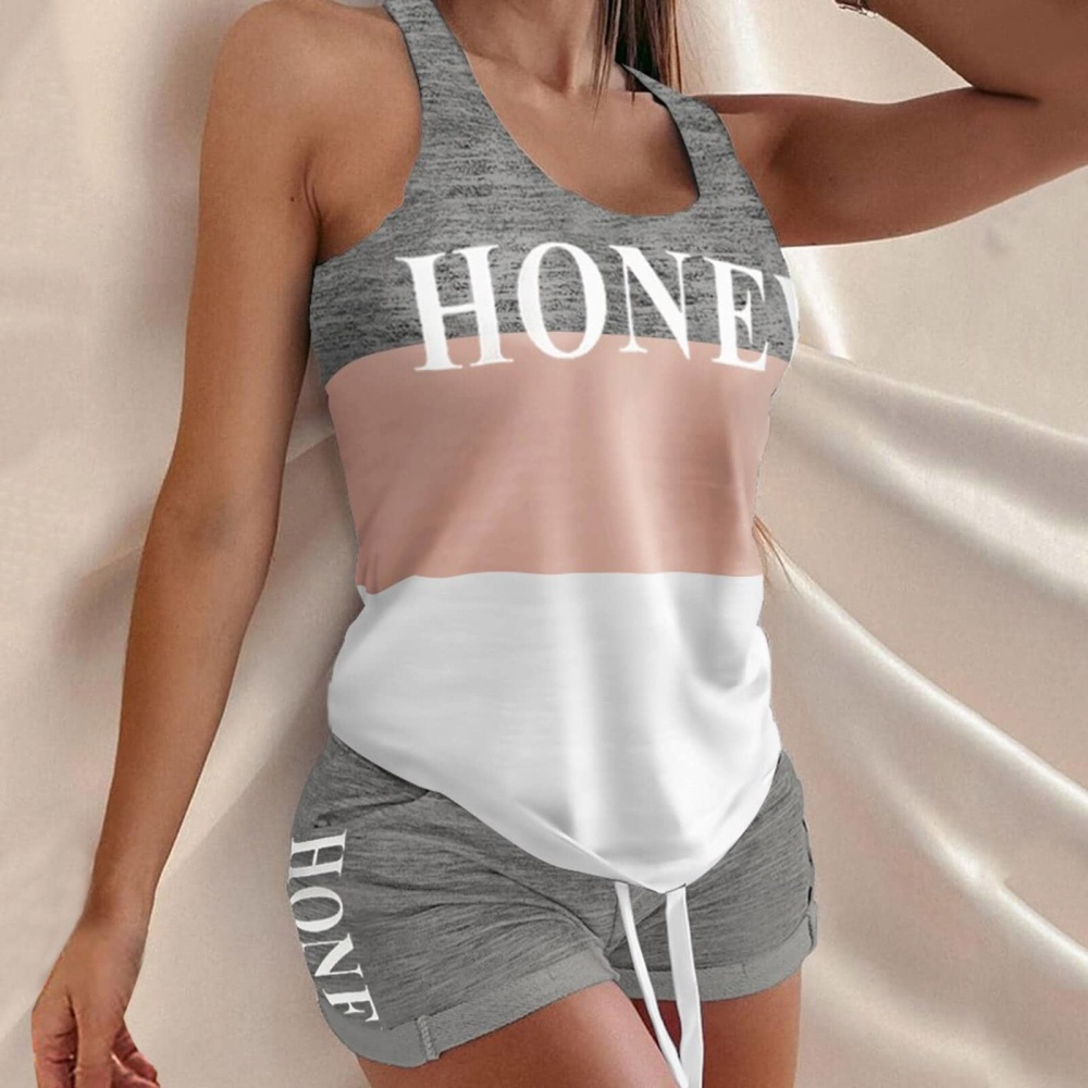 Grau, rosa und weiß gestreiftes Pyjama-Top mit Shorts mit Honey-Muster