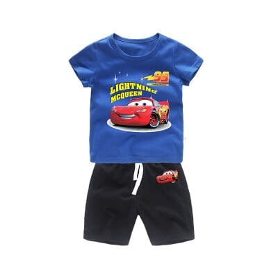 Zweiteiliges Pyjama-Set aus blauem T-Shirt und schwarzen Shorts mit Kars-Muster, sehr hohe Qualität