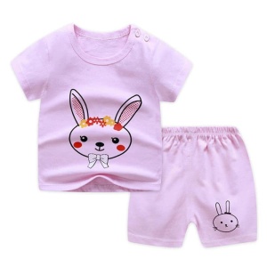 Lila-rosa zweiteiliger Pyjama mit T-Shirt und Shorts mit modischem Kaninchenmotiv aus Baumwolle