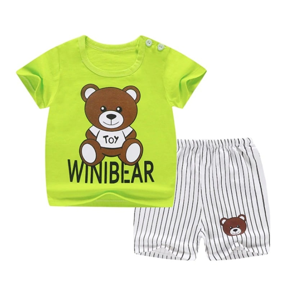 Zweiteiliger Pyjama mit grünem T-Shirt und kurzen Hosen mit Bärenstreifen aus Baumwolle