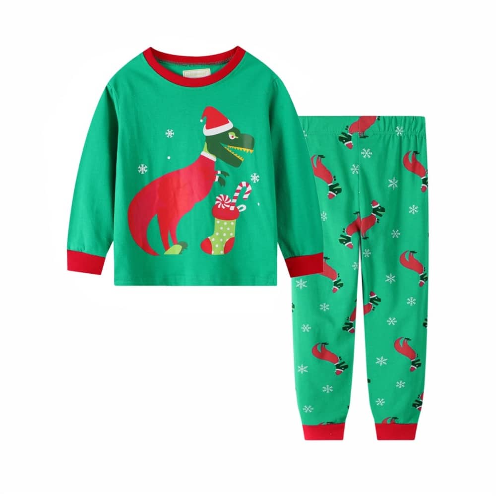 Langärmeliger Weihnachts-Dinosaurier-Pyjama für Kinder in modischem Grün, sehr gute Qualität