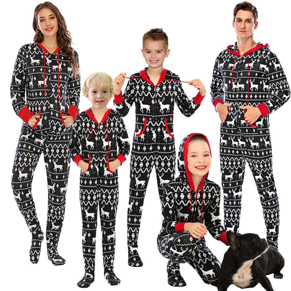 Dunkelgrauer Weihnachtspyjama aus Baumwolle für die ganze Familie mit modischem Design