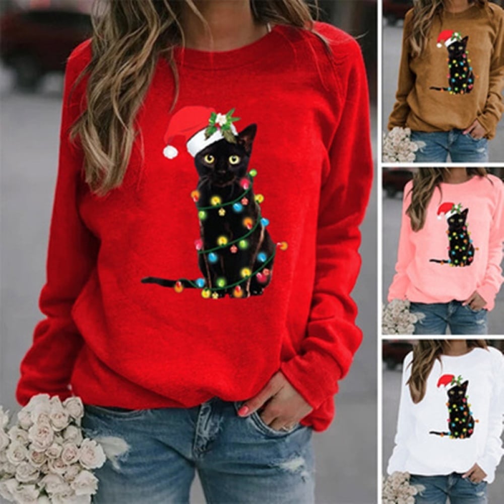 Pullover mit Weihnachtskatze mit langen Ärmeln für eine Frau, die von einer sehr modischen Frau getragen wird