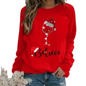 Weihnachtspullover mit glänzendem Muster mit langen Ärmeln für Frauen mit belgischem Muster in modischem Rot sehr hohe Qualität