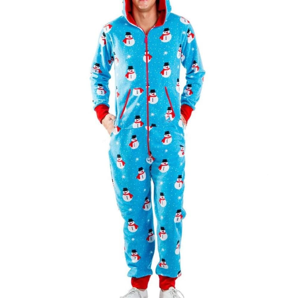 Modischer Schneemann-Pyjama-Overall für Herren in Blau und Rot