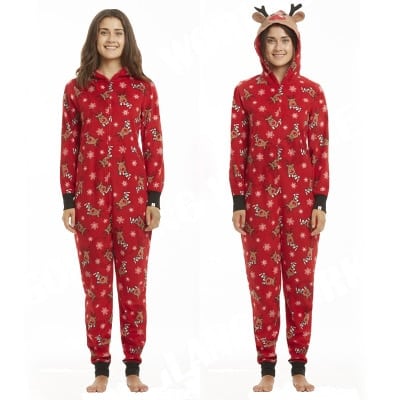 Weihnachts Family Jumpsuit - Rentier Druck Pyjama Mit Hirschkopf Kapuze | Familien Schlafanzug Set