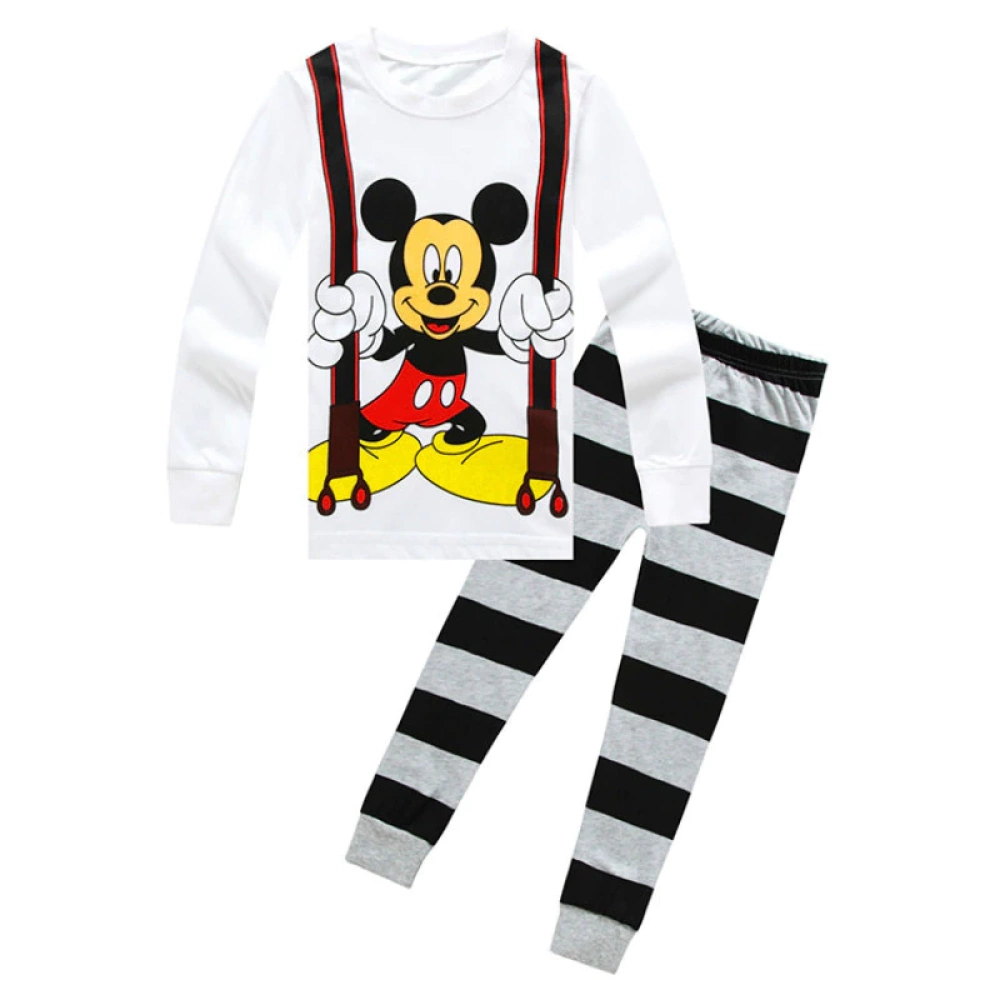 Modisches Mickey-Mouse-Pyjama-Set mit gestreifter Hose in Weiß, Schwarz und Grau
