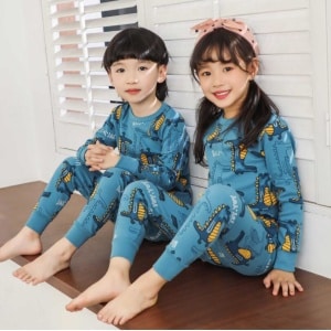 Blauer Frühlingspyjama mit Dinosaurier-Motiv für Kinder mit zwei Kindern, die den Pyjama tragen
