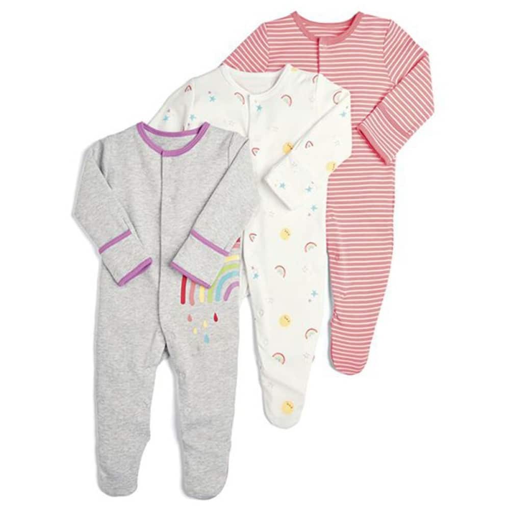 Dreiteiliger Baby-Overall-Pyjama mit Regenbogen- und Streifenmuster und weißem Hintergrund