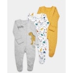 Dreiteiliger Baby-Pyjama mit Dinosaurier-Motiv auf grauem Hintergrund