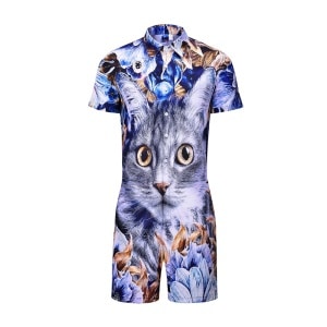 Kurzärmeliger Pyjama-Overall mit modischem Katzendruck