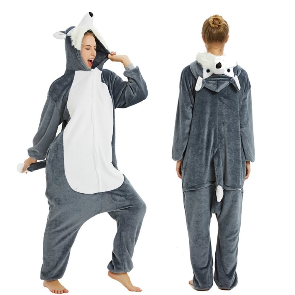 Wolf-Pyjama-Overall für Frauen grau mit weißem Hintergrund