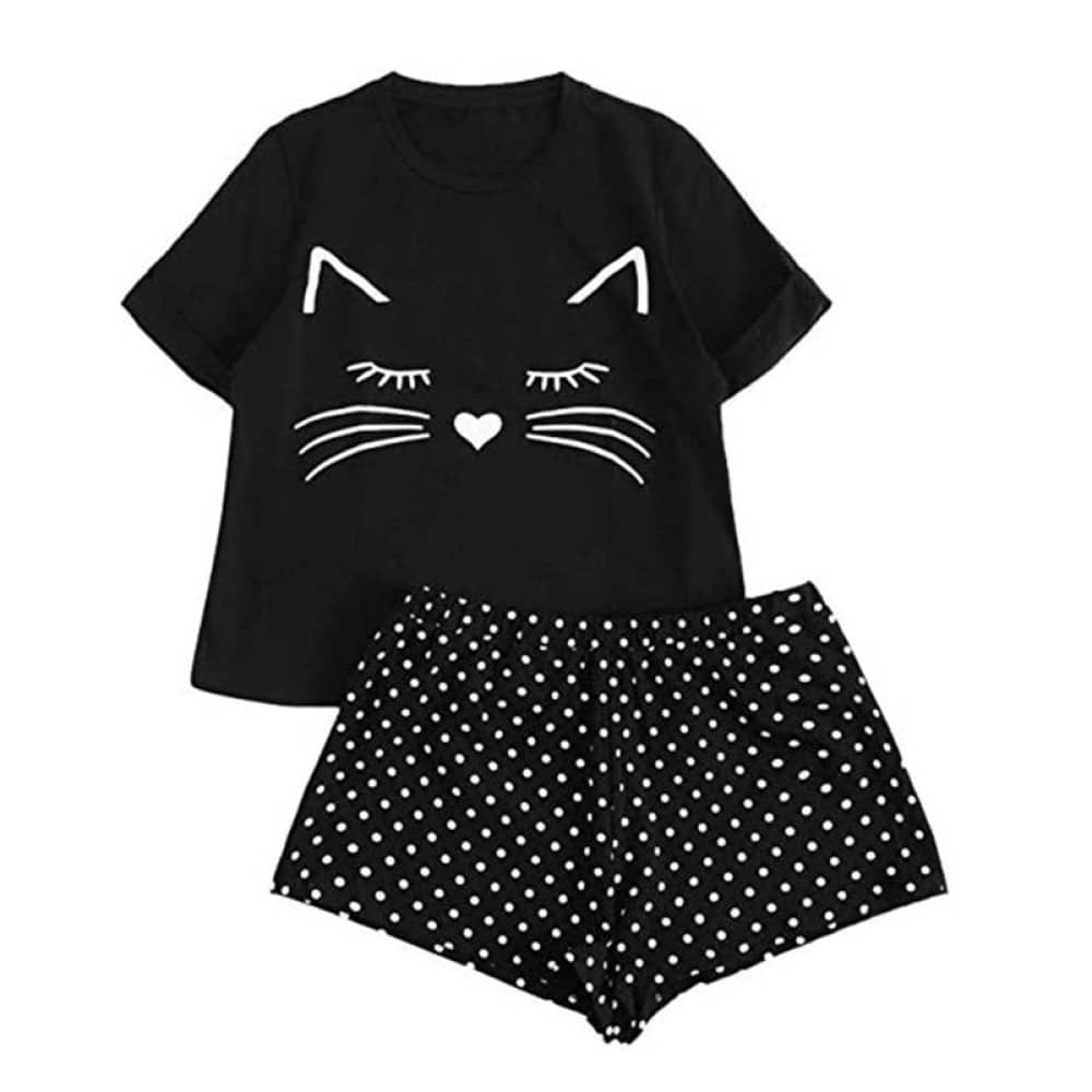 Schwarzer Pyjamaanzug aus Nylon mit Katzenprint für modische Frauen