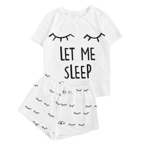 Sexy Pyjama-Set für Frauen mit Wimpernmuster und dem modischen Schriftzug "LET ME SLEEP"