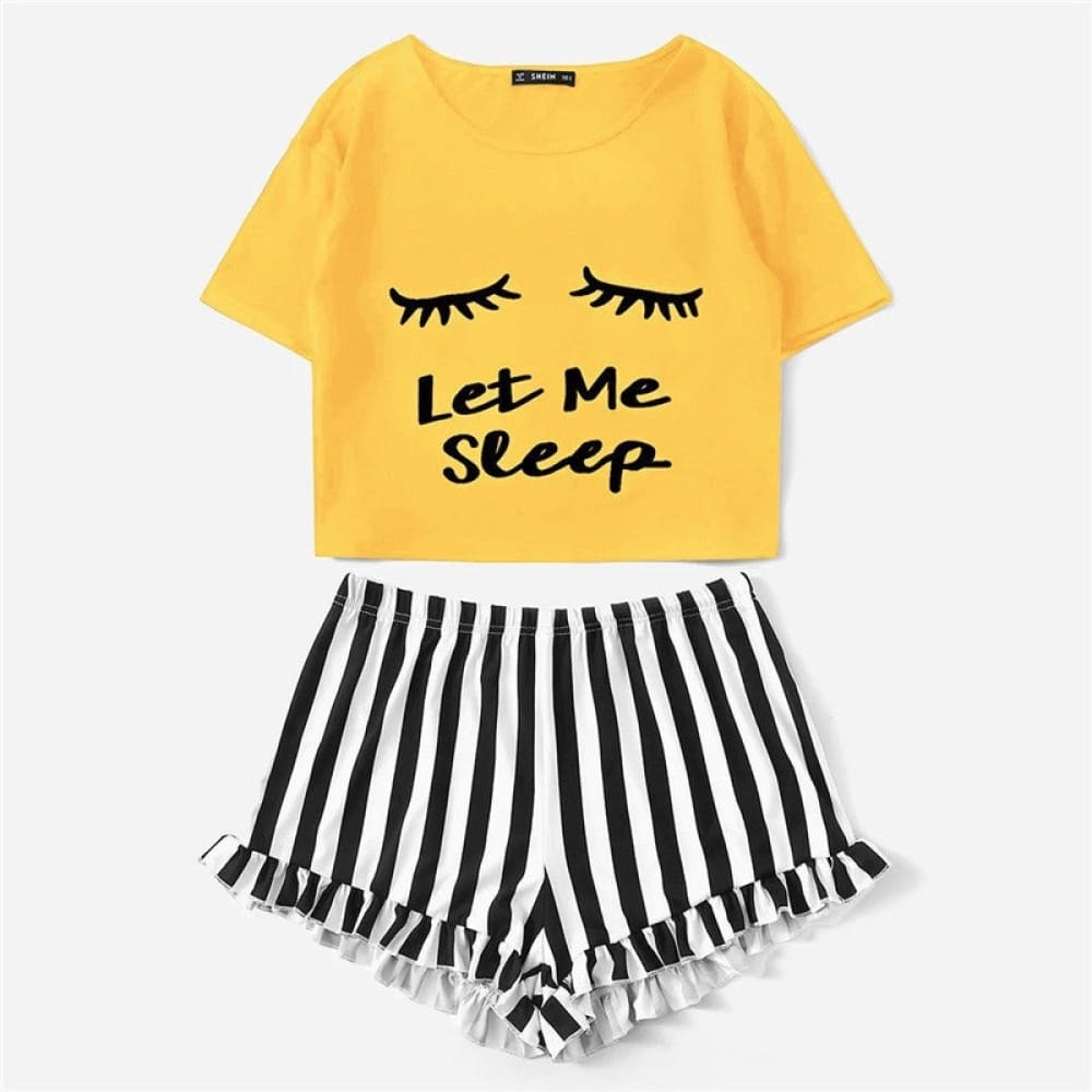 Zweiteiliger gelber Sommerpyjama mit Wimpernmuster und schwarz-weißen Streifen für Frauen