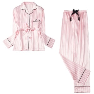 Zweiteiliger Damenpyjama in rosa, weiß und rosa gestreift mit langen Ärmeln, sehr hohe Qualität