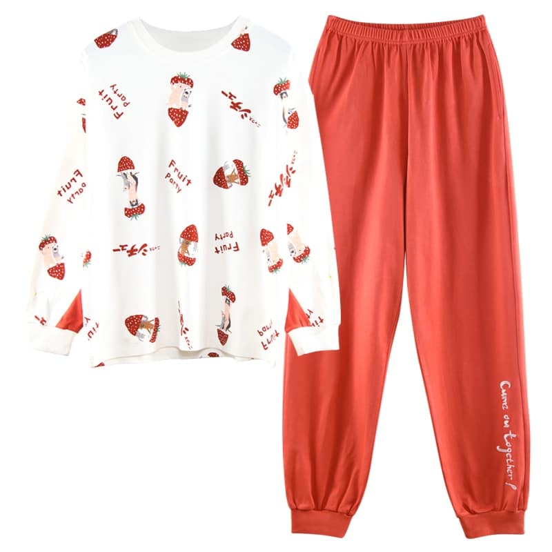 Herbstpyjama mit bedrucktem weißem Pullover und roter Hose für modische Frauen