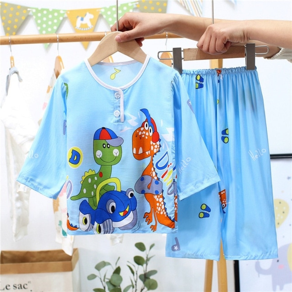 Pyjama aus Baumwolle mit halblangen Ärmeln und Rundhalsausschnitt für Kinder in Blau auf einem Gürtel