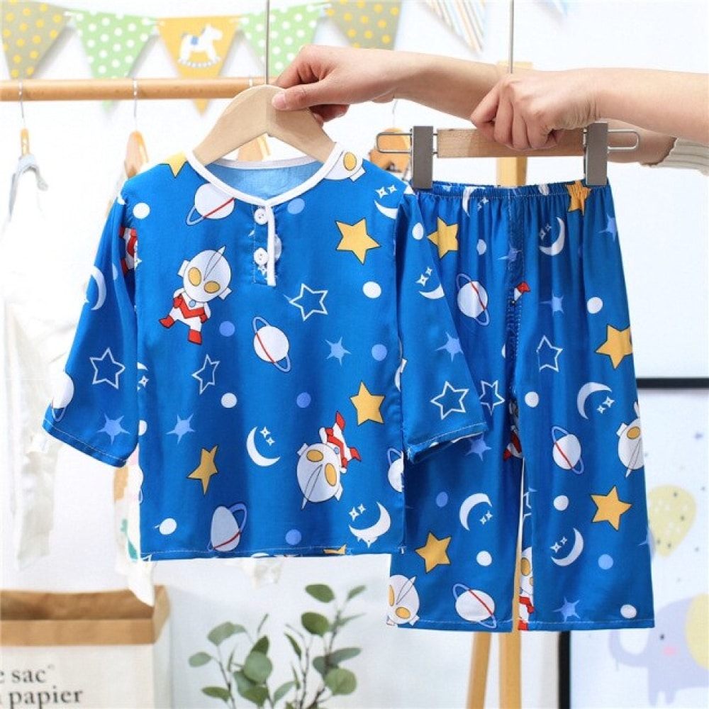 Pyjama aus Baumwolle mit Sternchen- und Superhelden-Motiv für Jungen in Blau auf einem Gürtel