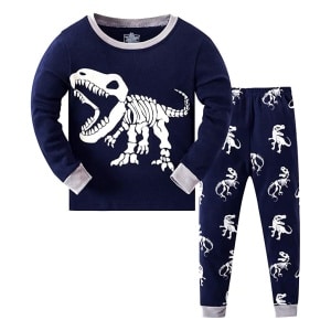 Zweiteiliger Pyjama mit Dinosaurier-Print für kleine Jungen in blau und grau mit weißem Hintergrund